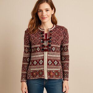 Peck & Peck Tribal Knit Embroidered Tassel Cardigan Sweater Large Boho Jacket